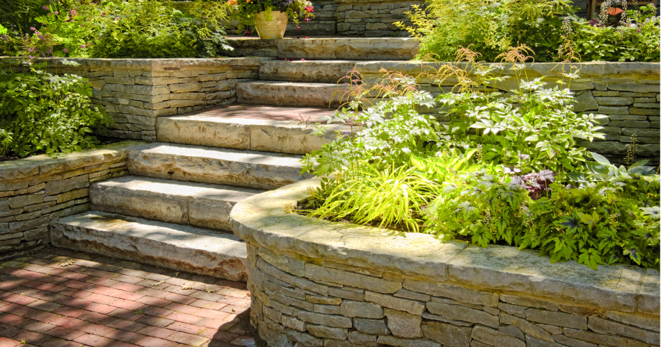 Flower Bed, Leveled Retaining Wall with Steps